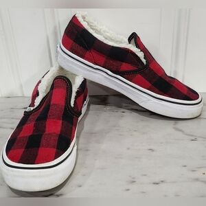Vans classic slip-on V kids 'Plaid - Red' sneakers Sherpa lining size 2.5